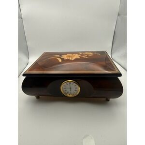 Vintage Romance Italian Inlaid Wood Jewelry Music Box Floral Marquetry Clock